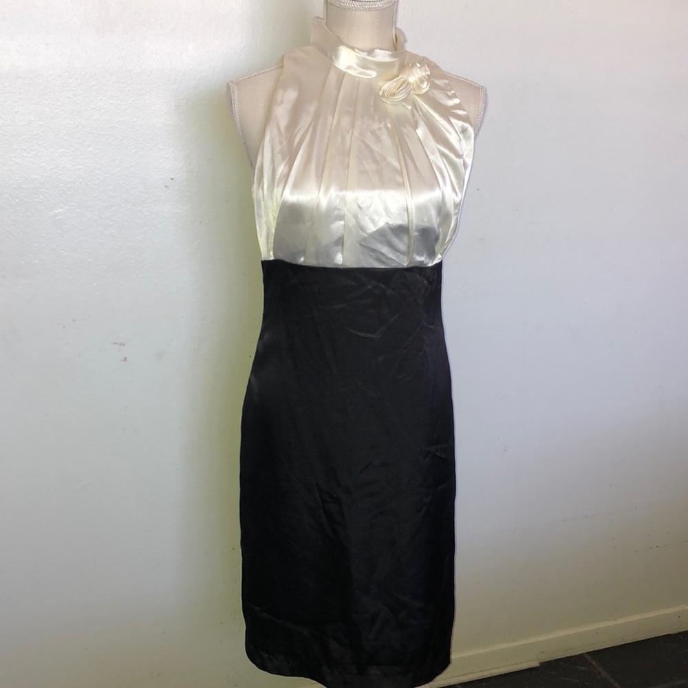 Victorian neck, sleeveless black-cream dress